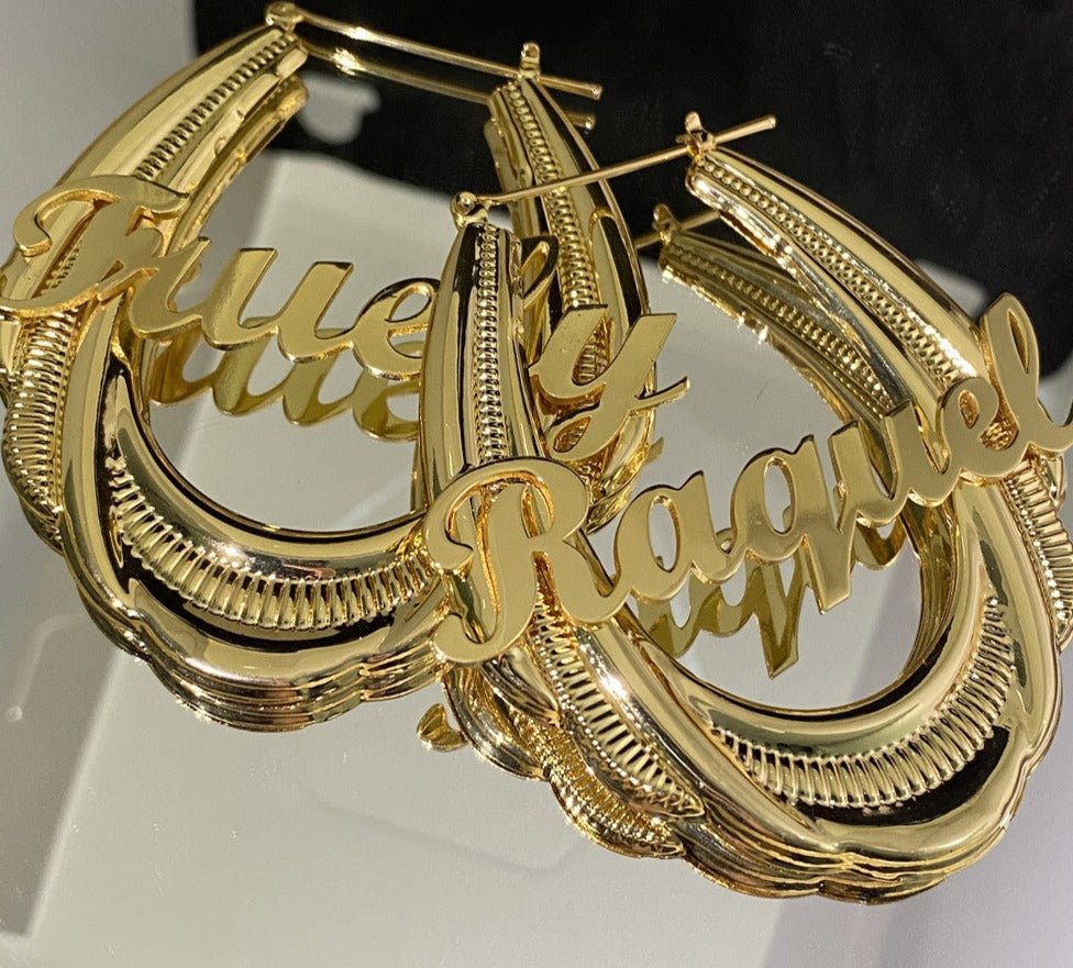 65mm Stainless Steel Bamboo Hoop Earrings Customized Name - Blinged by Belle