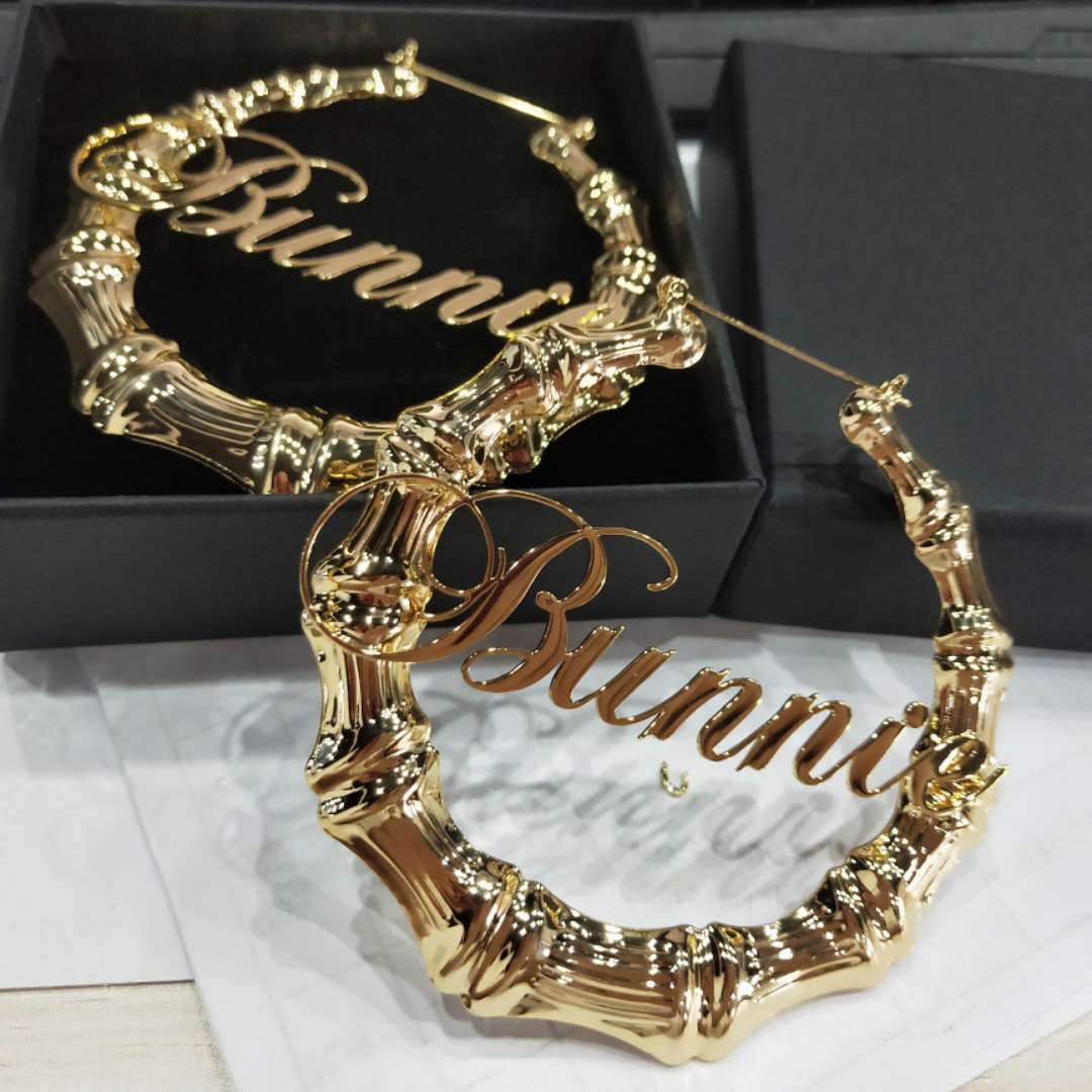 Bamboo Hoop Earrings Customize Name Earrings - Blinged by Belle