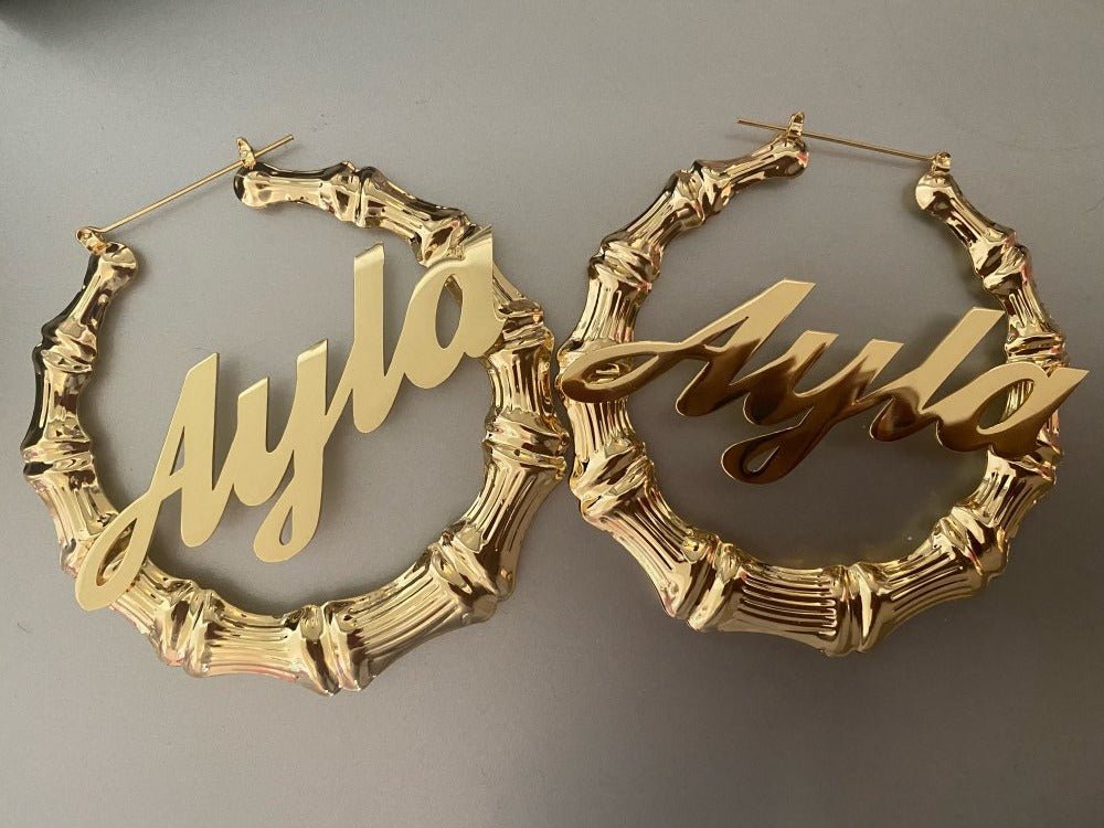 Bamboo Hoop Earrings Customize Name Earrings - Blinged by Belle