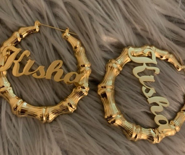 Bamboo Hoop Earrings Customize Name Earrings - Blinged by Belle