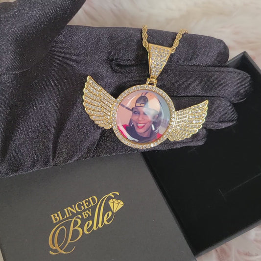 Personalized Diamond Studded Angel Wings Photo Necklace | Custom Photo Necklace | Engraving