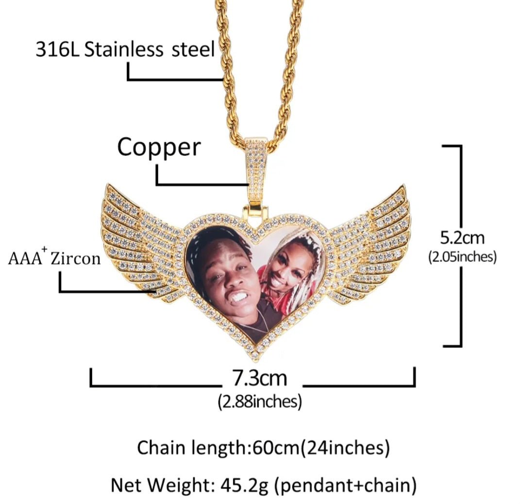 Heart Wings Photo Pendant Gold Plated Custom Angel Wing Heart Shape Photo Medallion Necklace - Blinged by Belle