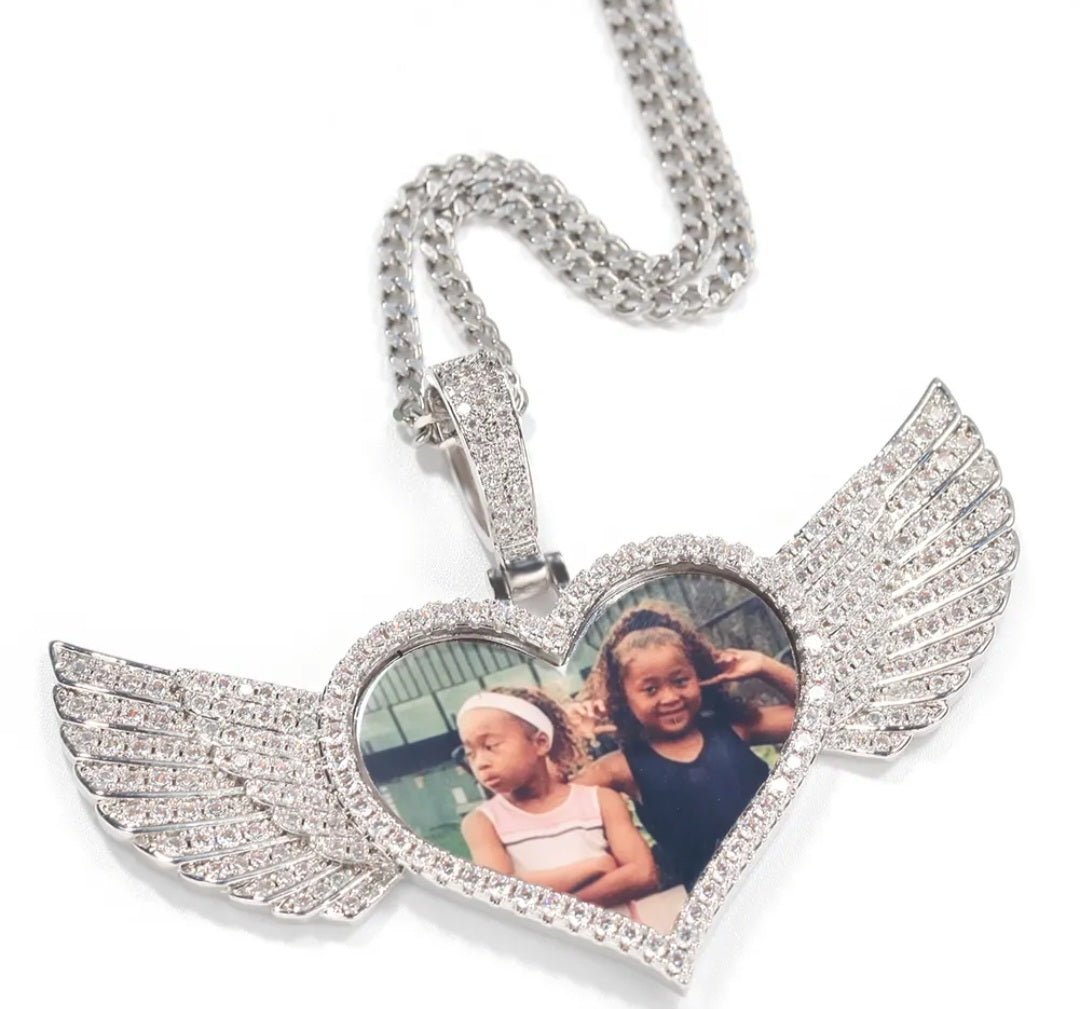 Heart Wings Photo Pendant Gold Plated Custom Angel Wing Heart Shape Photo Medallion Necklace - Blinged by Belle