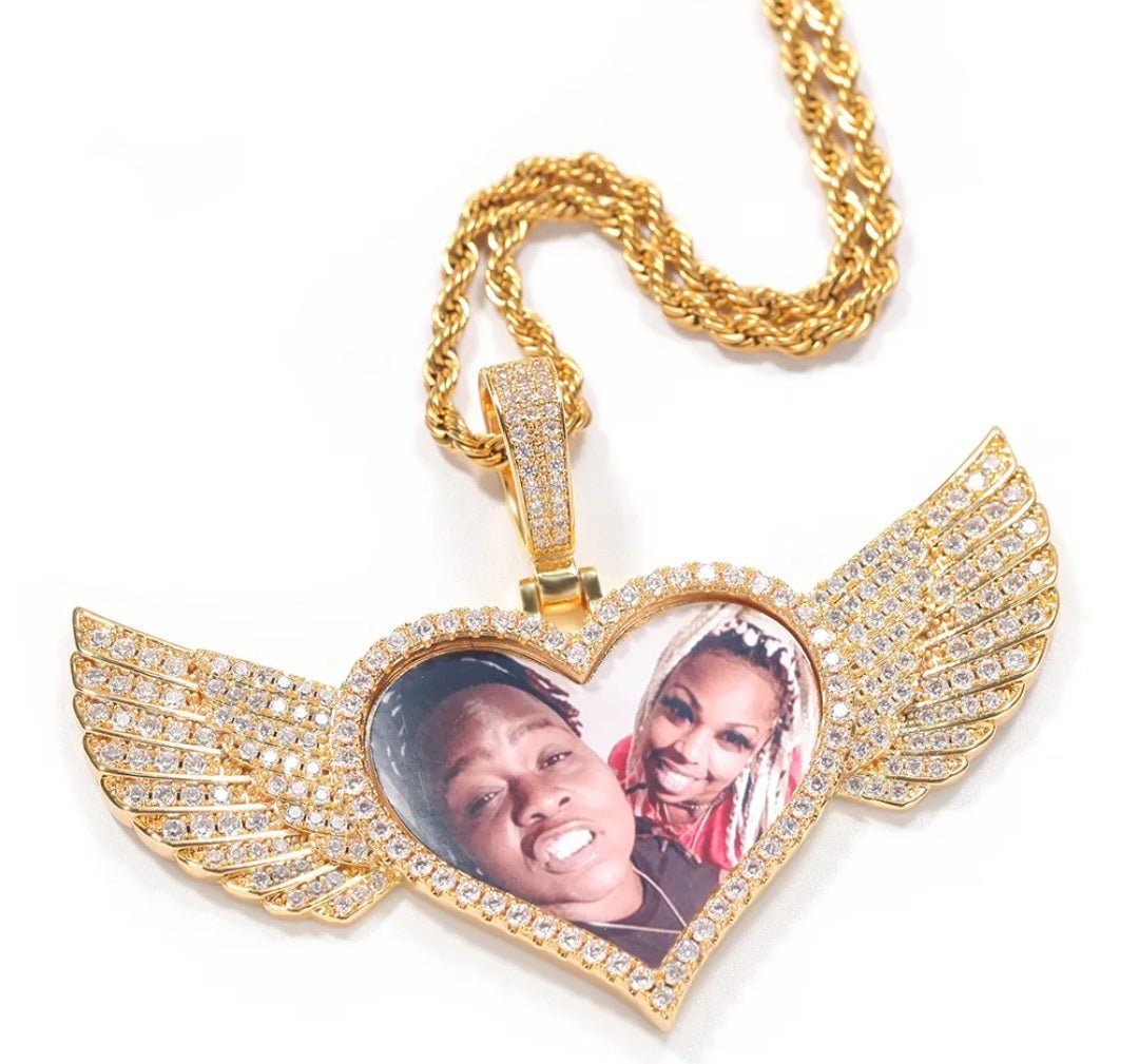 Heart Wings Photo Pendant Gold Plated Custom Angel Wing Heart Shape Photo Medallion Necklace - Blinged by Belle