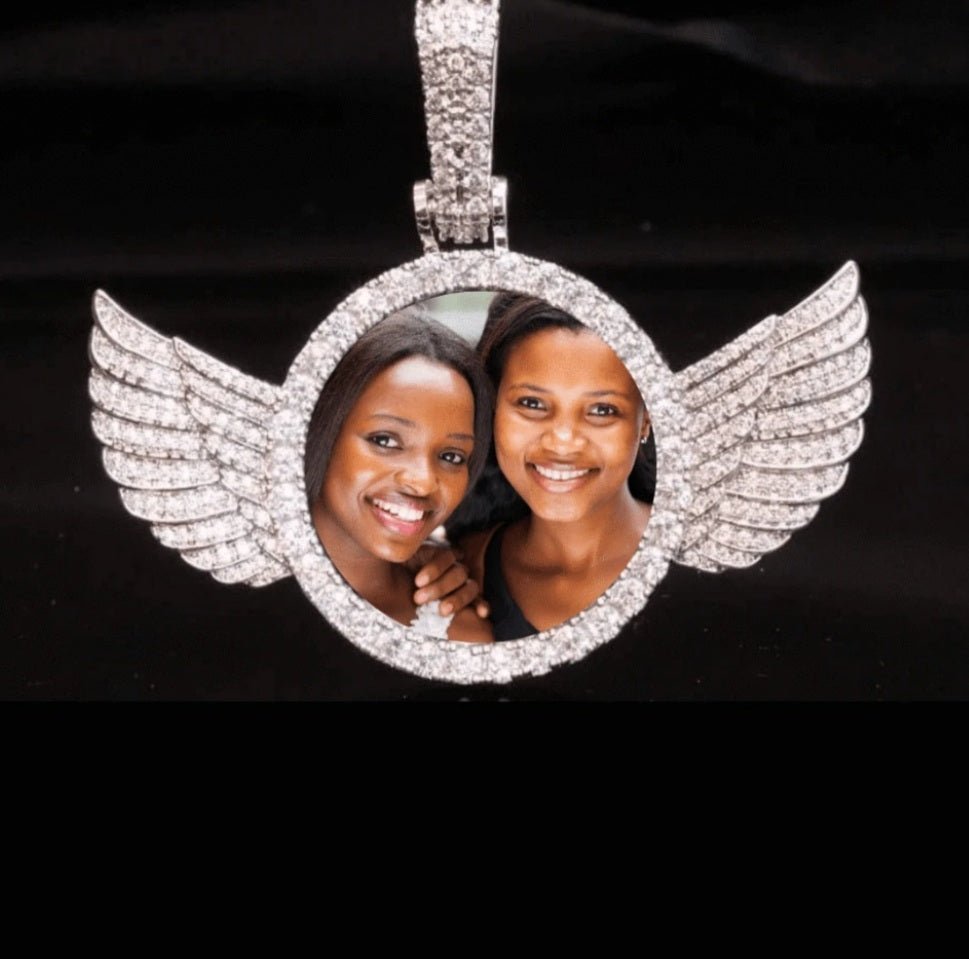 Personalized Diamond Studded Angel Wings Photo Necklace | Custom Photo Necklace | Engraving - Blinged by Belle