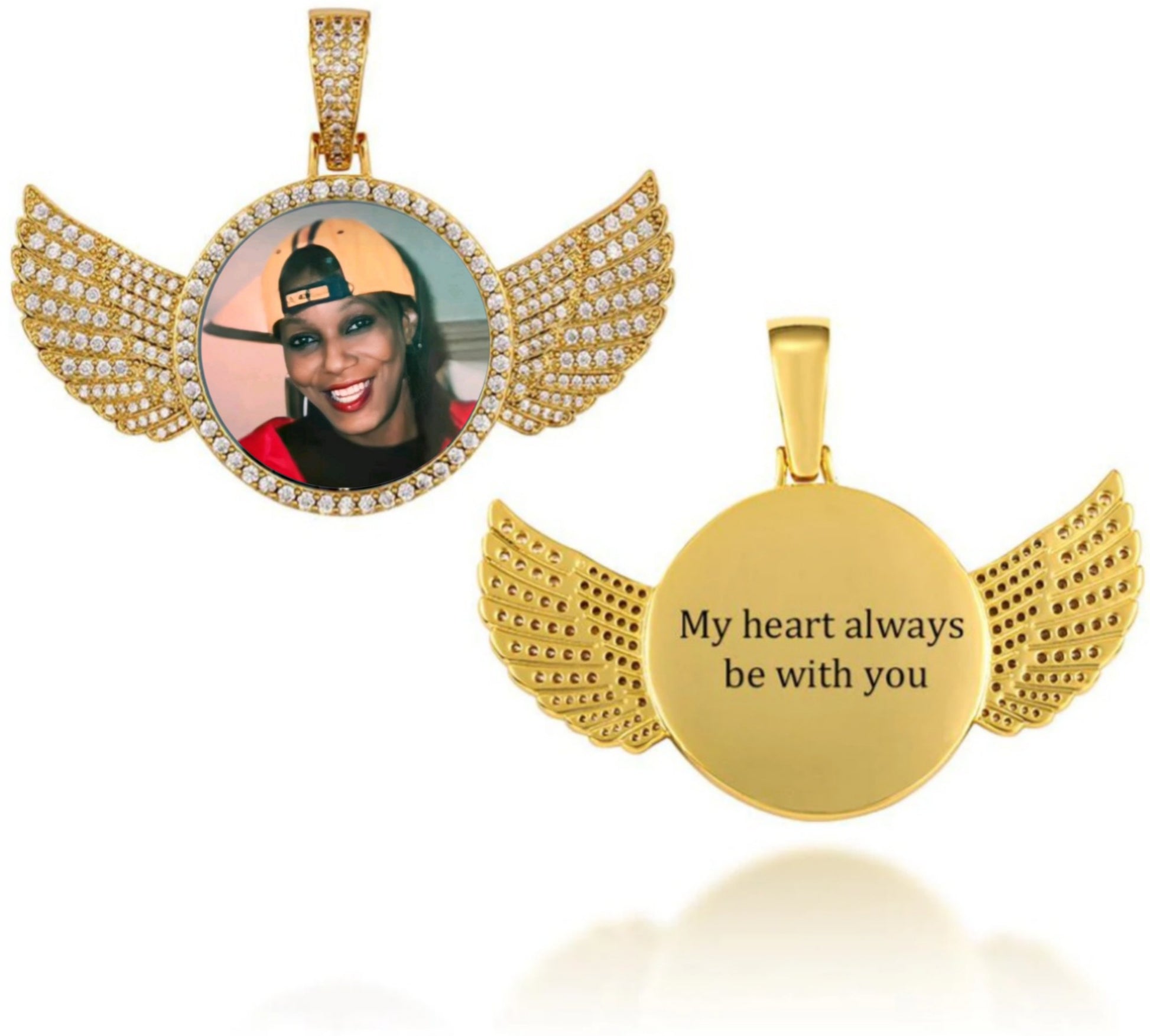 Personalized Diamond Studded Angel Wings Photo Necklace | Custom Photo Necklace | Engraving - Blinged by Belle